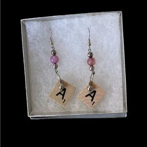 Womens Fashion Scrabble Letter "A" Initial Dangle Beaded Earrings.